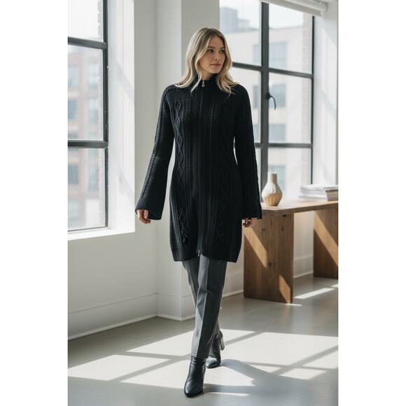 Tory Burch Dress Womens XS Black Pure Merino Wool Bell Cable Zip Cardigan Goth - Picture 12 of 16